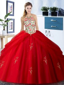 Red Ball Gowns Halter Top Sleeveless Tulle Floor Length Lace Up Embroidery and Pick Ups Quinceanera Dress