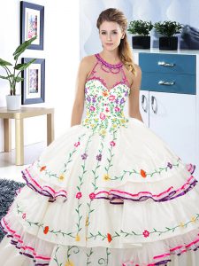 Stunning Ruffled Ball Gowns Quinceanera Dress White Halter Top Organza and Taffeta Sleeveless Floor Length Lace Up