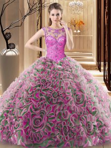 Scoop Multi-color Quinceanera Gowns Fabric With Rolling Flowers Sweep Train Sleeveless Beading