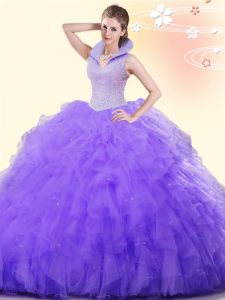 High Class Backless Lavender Sleeveless Beading and Ruffles Floor Length 15 Quinceanera Dress