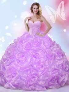 Flirting Sweetheart Sleeveless 15th Birthday Dress Floor Length Beading Lavender Fabric With Rolling Flowers