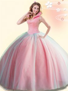 Tulle High-neck Sleeveless Backless Beading 15th Birthday Dress in Watermelon Red