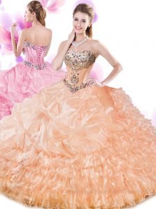 Customized Orange Lace Up Sweet 16 Dress Beading and Ruffled Layers and Pick Ups Sleeveless Floor Length