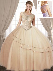 Nice Scoop Sleeveless Lace Up Ball Gown Prom Dress Champagne Tulle