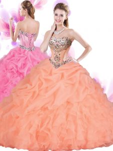 Latest Sleeveless Tulle Floor Length Lace Up Sweet 16 Dress in Orange Red with Beading and Ruffles