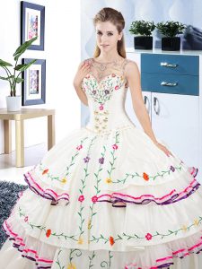 Elegant Scoop White Organza and Taffeta Lace Up Quince Ball Gowns Sleeveless Floor Length Beading and Embroidery and Ruf