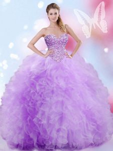 Adorable Floor Length Lavender 15 Quinceanera Dress Tulle Sleeveless Beading and Ruffles