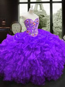 Most Popular Purple Sweetheart Neckline Embroidery and Ruffles Quinceanera Dress Sleeveless Lace Up
