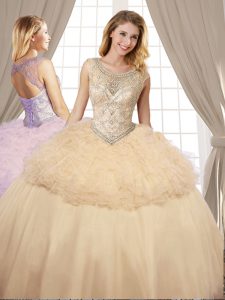High Class Champagne Scoop Lace Up Beading and Ruffles Sweet 16 Dresses Sleeveless