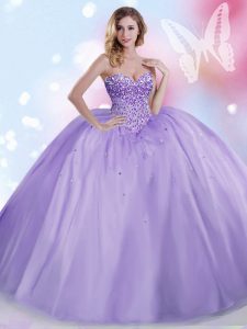 Gorgeous Sleeveless Floor Length Beading Lace Up Quinceanera Gown with Lavender