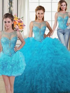 Pretty Three Piece Baby Blue Lace Up Scoop Beading and Ruffles Quinceanera Gown Tulle Sleeveless