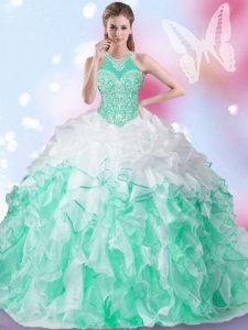 Halter Top Multi-color Ball Gowns Beading and Ruffles and Pick Ups Sweet 16 Dress Lace Up Organza Sleeveless Floor Lengt