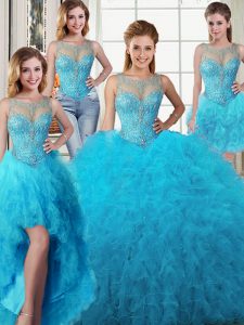 Sumptuous Four Piece Baby Blue Ball Gowns Scoop Sleeveless Tulle Floor Length Lace Up Beading and Ruffles Sweet 16 Dress