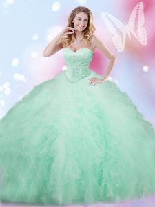 Apple Green Tulle Lace Up Sweetheart Sleeveless Floor Length Ball Gown Prom Dress Beading and Ruffles