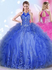 Cute Halter Top Royal Blue Tulle Lace Up Quinceanera Dress Sleeveless Floor Length Appliques and Ruffles