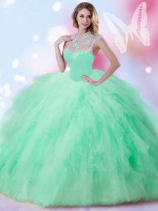 Tulle High-neck Sleeveless Zipper Beading and Ruffles and Sequins Quince Ball Gowns in Apple Green