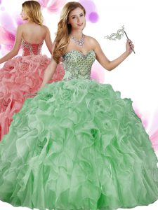 Fancy Green Ball Gowns Beading and Ruffles Quinceanera Dresses Lace Up Organza Sleeveless Floor Length