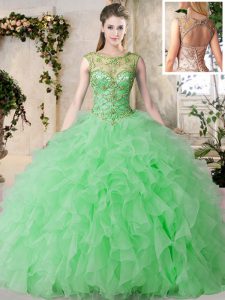 Comfortable Green Lace Up Scoop Beading and Ruffles Quinceanera Gown Organza Sleeveless