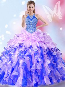 Wonderful Halter Top Multi-color Lace Up Sweet 16 Dresses Beading and Ruffles and Pick Ups Sleeveless Floor Length