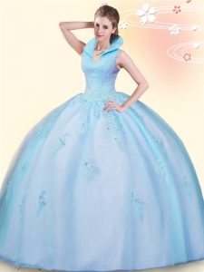 Attractive Baby Blue Ball Gowns Tulle High-neck Sleeveless Beading and Appliques Floor Length Backless Quinceanera Dress