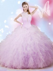 Beauteous Beading and Ruffles 15th Birthday Dress Lavender Lace Up Sleeveless Floor Length