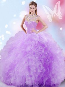 Sleeveless Tulle Floor Length Zipper Sweet 16 Dress in Lavender with Beading and Ruffles and Sequins