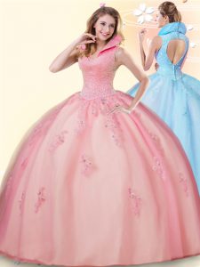 Pink Ball Gowns Beading and Appliques Ball Gown Prom Dress Backless Tulle Sleeveless Floor Length
