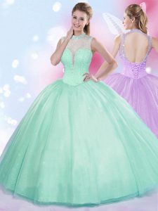 Tulle High-neck Sleeveless Lace Up Beading Vestidos de Quinceanera in Apple Green