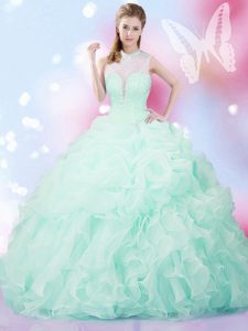Apple Green Lace Up Sweet 16 Quinceanera Dress Beading and Ruffles and Pick Ups Sleeveless Floor Length