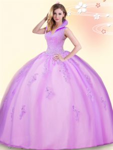 High Quality Backless Tulle Sleeveless Floor Length Quinceanera Gown and Beading and Appliques