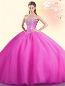 Hot Pink Sleeveless Tulle Lace Up Ball Gown Prom Dress for Military Ball and Sweet 16 and Quinceanera