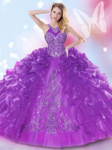 Romantic Purple Lace Up Halter Top Appliques and Ruffled Layers Quinceanera Dress Organza Sleeveless