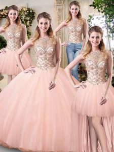 New Arrival Scoop Sleeveless Lace Up Vestidos de Quinceanera Peach Tulle