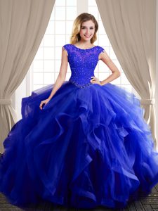 Scoop Cap Sleeves Sweet 16 Dresses With Brush Train Beading and Appliques and Ruffles Royal Blue Tulle