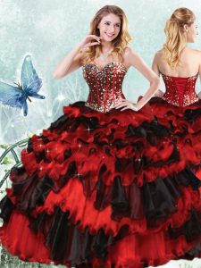 Sequins Ruffled Sweetheart Sleeveless Lace Up Quinceanera Dresses Red And Black Organza