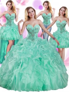 Inexpensive Four Piece Sleeveless Floor Length Beading and Ruffles Lace Up Vestidos de Quinceanera with Apple Green