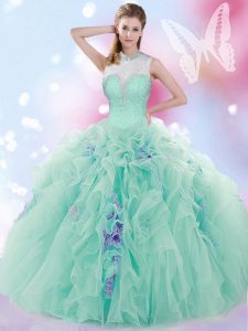 Luxury Beading and Ruffles Sweet 16 Quinceanera Dress Apple Green Lace Up Sleeveless Floor Length