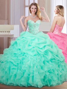 Sweetheart Sleeveless Quinceanera Dress Floor Length Beading and Ruffles and Pick Ups Apple Green Organza