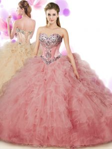 Free and Easy Peach Sleeveless Tulle Lace Up Ball Gown Prom Dress for Military Ball and Sweet 16 and Quinceanera