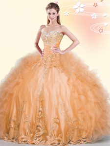 Floor Length Lace Up Quinceanera Gown Orange for Military Ball and Sweet 16 and Quinceanera with Beading and Appliques a