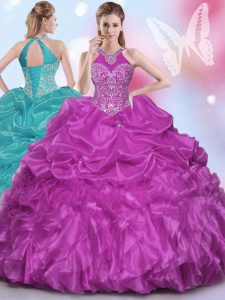 Charming Fuchsia Lace Up Halter Top Appliques and Pick Ups Quinceanera Gowns Organza Sleeveless