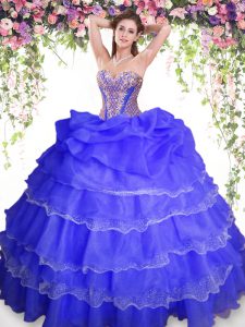 Super Blue Ball Gowns Sweetheart Sleeveless Organza Floor Length Lace Up Beading and Ruffled Layers and Pick Ups Quincea