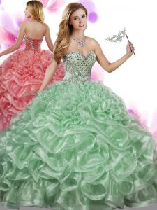 Superior Green Ball Gowns Sweetheart Sleeveless Organza Floor Length Lace Up Beading and Ruffles Sweet 16 Dresses