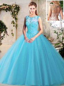 Scoop Sleeveless Floor Length Beading Lace Up Sweet 16 Dresses with Baby Blue