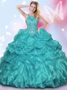 Trendy Halter Top Organza and Taffeta Sleeveless Floor Length Quinceanera Dress and Appliques and Ruffles and Pick Ups