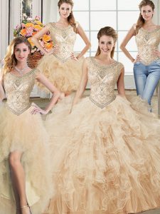 Delicate Four Piece Scoop Champagne Tulle Lace Up Ball Gown Prom Dress Sleeveless Floor Length Beading and Ruffles