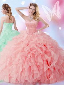 Luxury Floor Length Watermelon Red 15 Quinceanera Dress Sweetheart Sleeveless Lace Up
