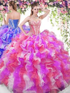 Low Price Sleeveless Organza Floor Length Lace Up Quince Ball Gowns in Multi-color with Beading and Ruffles