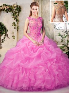 Spectacular Rose Pink Scoop Neckline Beading and Ruffles and Pick Ups Sweet 16 Dresses Sleeveless Lace Up