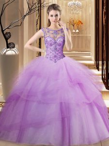 Lilac Tulle Lace Up Scoop Sleeveless Quinceanera Gowns Brush Train Beading and Ruffled Layers